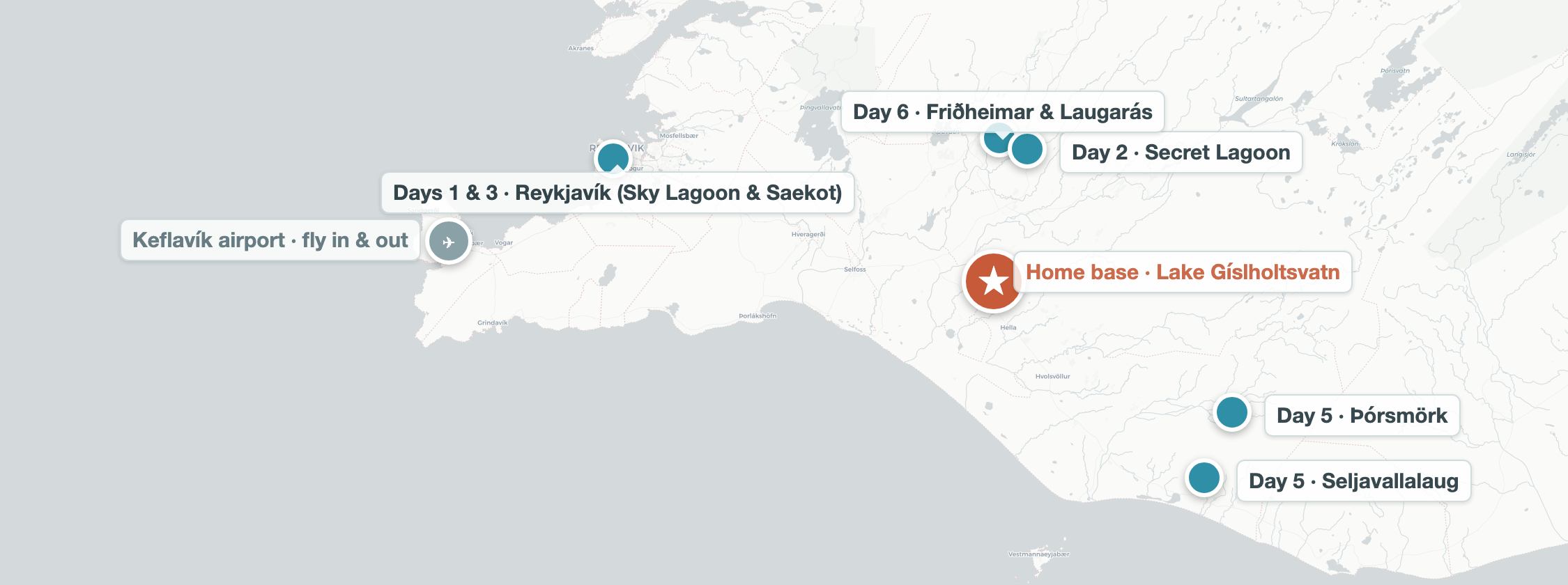 Map of the Iceland Bathing Expedition route through southern Iceland